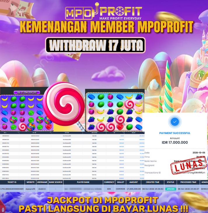 MPOPROFIT JACKPOT PRAGMATIC PLAY! KEMENANGAN MURNI DI (SWEET BONANZA 2500 TOTAL 17.000.000,- LUNAS)